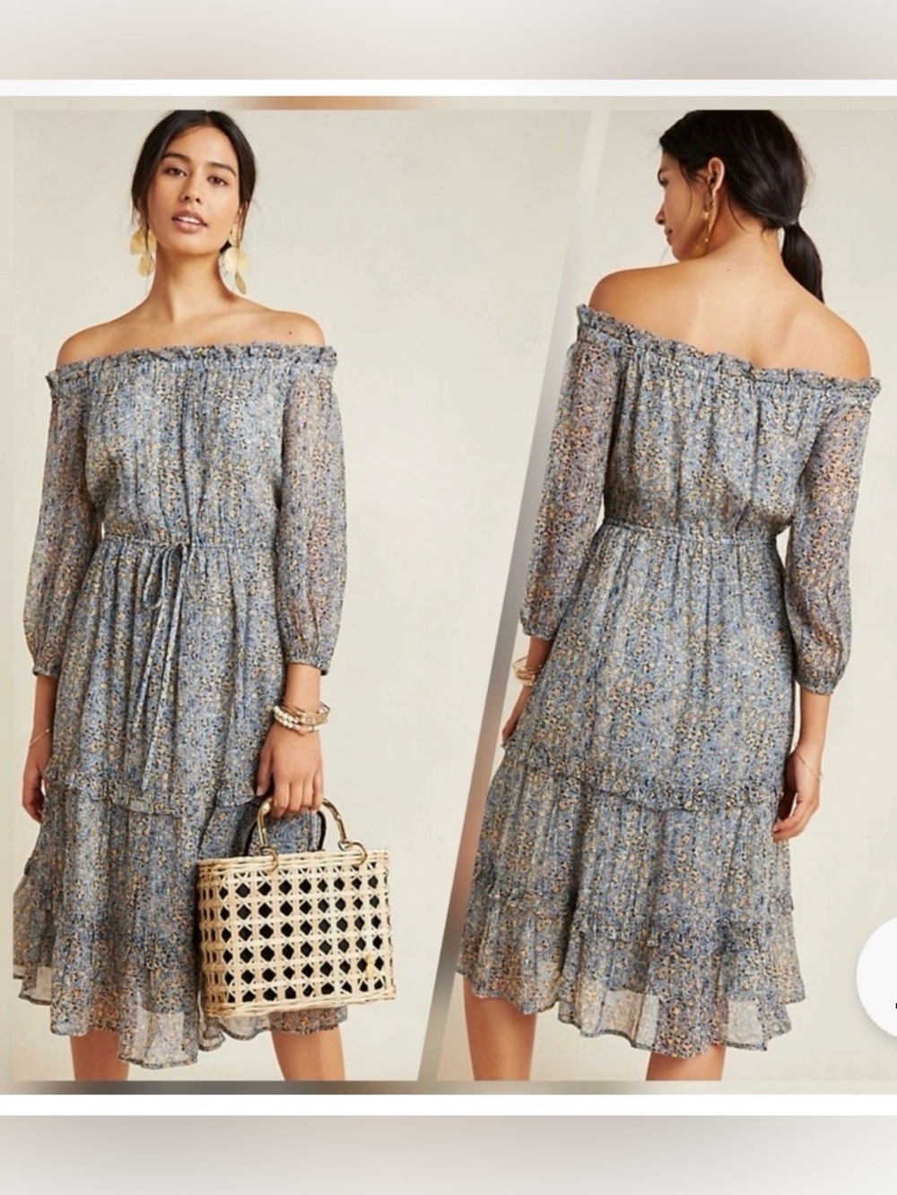 Anthropologie Kira Off-Shoulder Blue Floral Peasant Midi Dress NWT Sz 10 Prairie